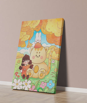 Ilustración caprichosa de una niña, un gato y un conejo en un paisaje otoñal