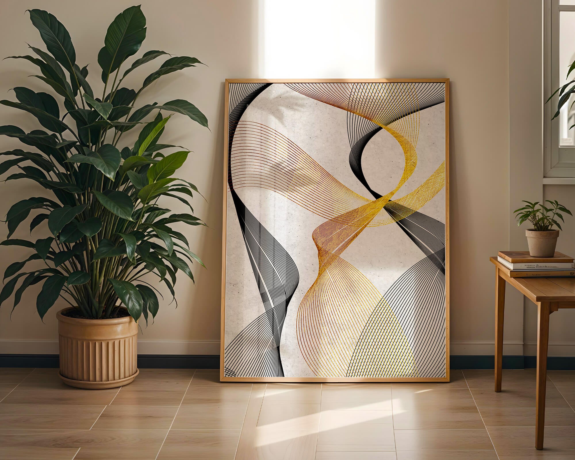 Elegant abstract waves with gold and black lines on textured background