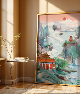 Ruhige Landschaft mit traditioneller asiatischer Architektur und Naturelementen