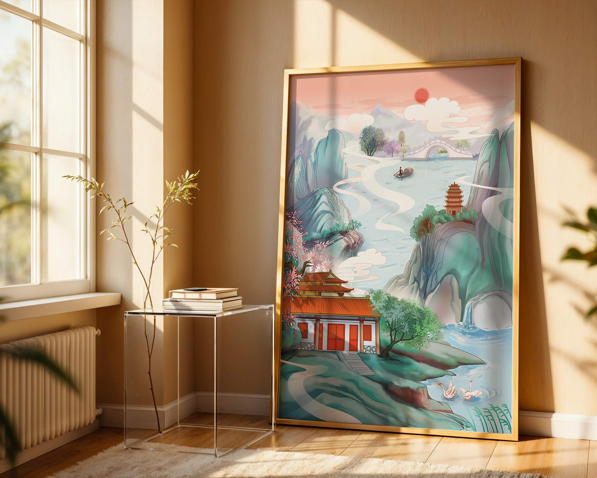 Serene landscape with traditional Asian architecture and nature elements