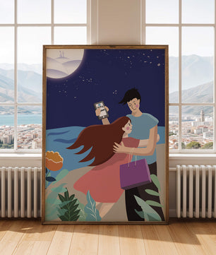 Pareja romántica abrazándose bajo una noche iluminada por la luna
