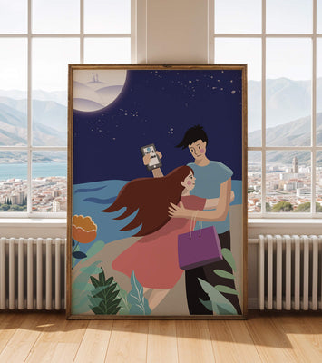 Romantic couple embracing under a moonlit night