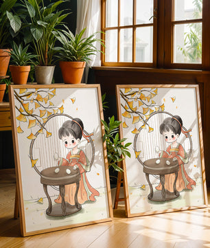 Charmante illustration d'une fille en tenue traditionnelle avec des feuilles de ginkgo
