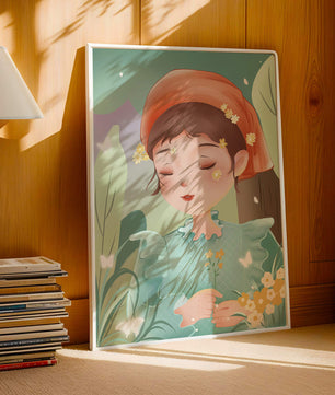 Ilustración serena de una chica en la naturaleza con flores y mariposas