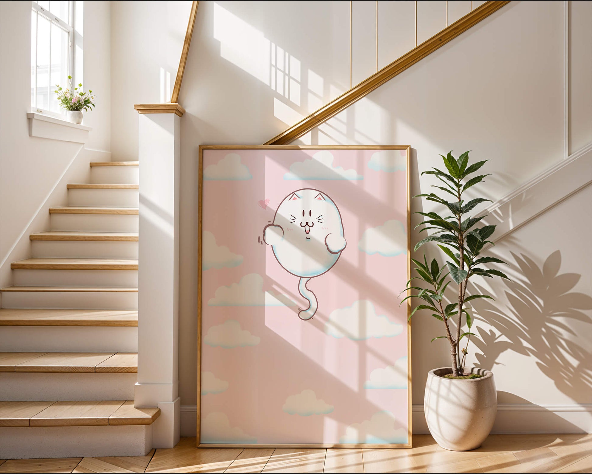Gato flotante caprichoso en un cielo pastel con nubes esponjosas