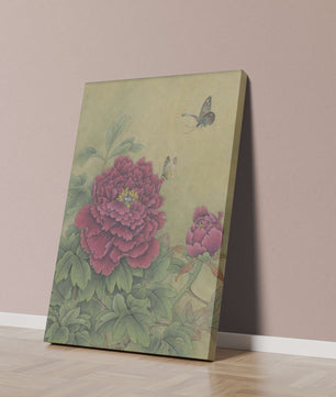 Delicate peonies with butterflies in a serene natural setting