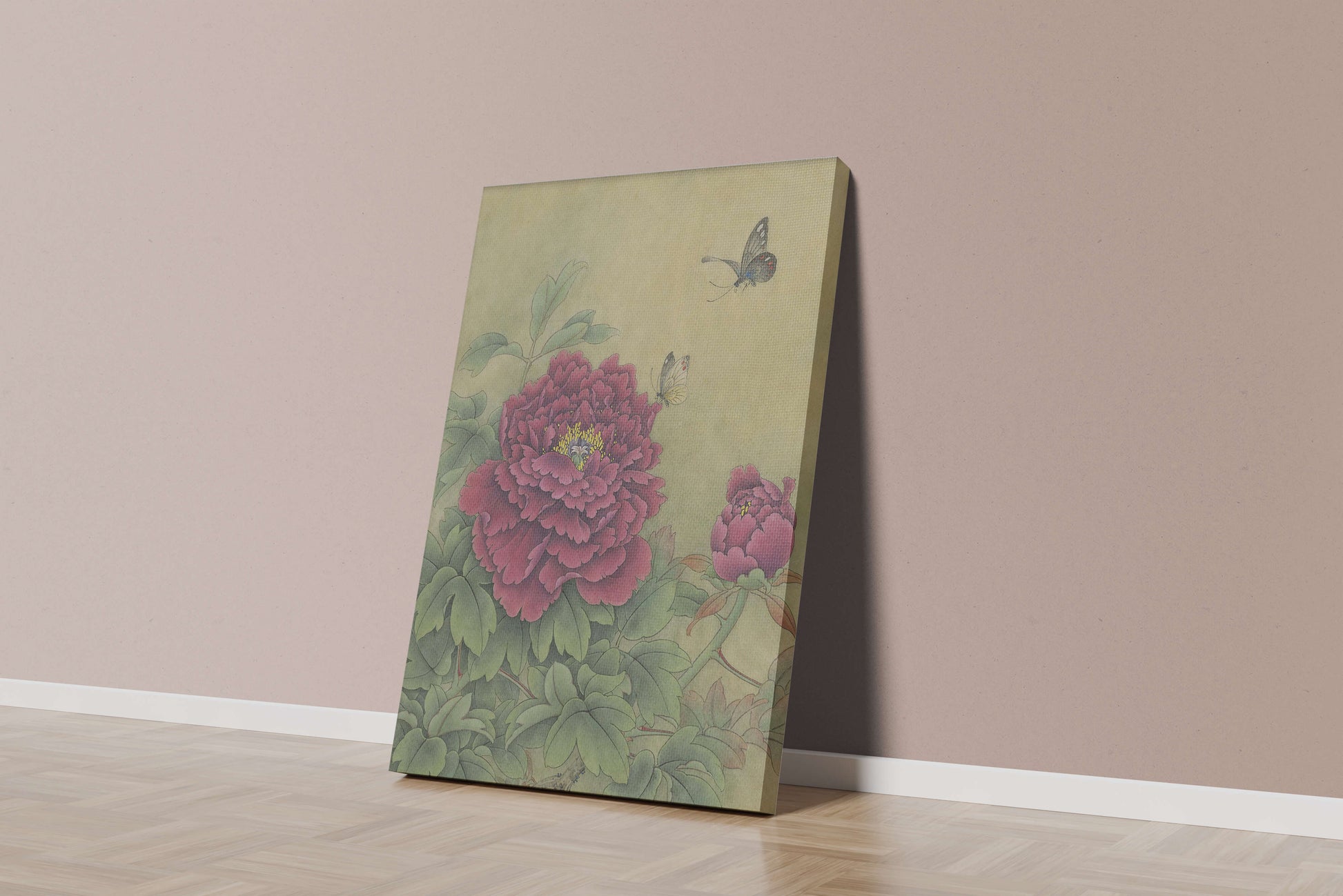 Delicate peonies with butterflies in a serene natural setting