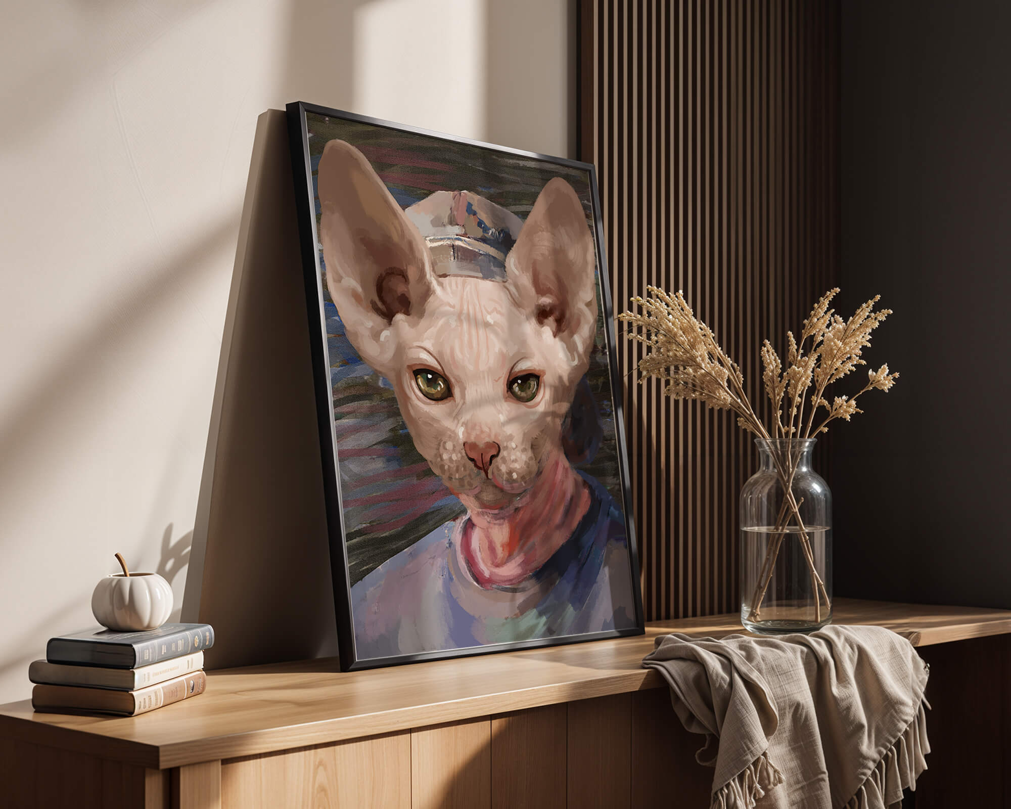 Painted portrait of a sphynx cat wearing a casual cap