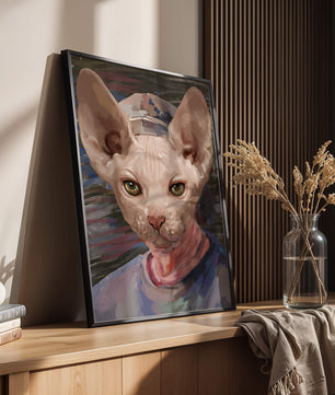 Painted portrait of a sphynx cat wearing a casual cap
