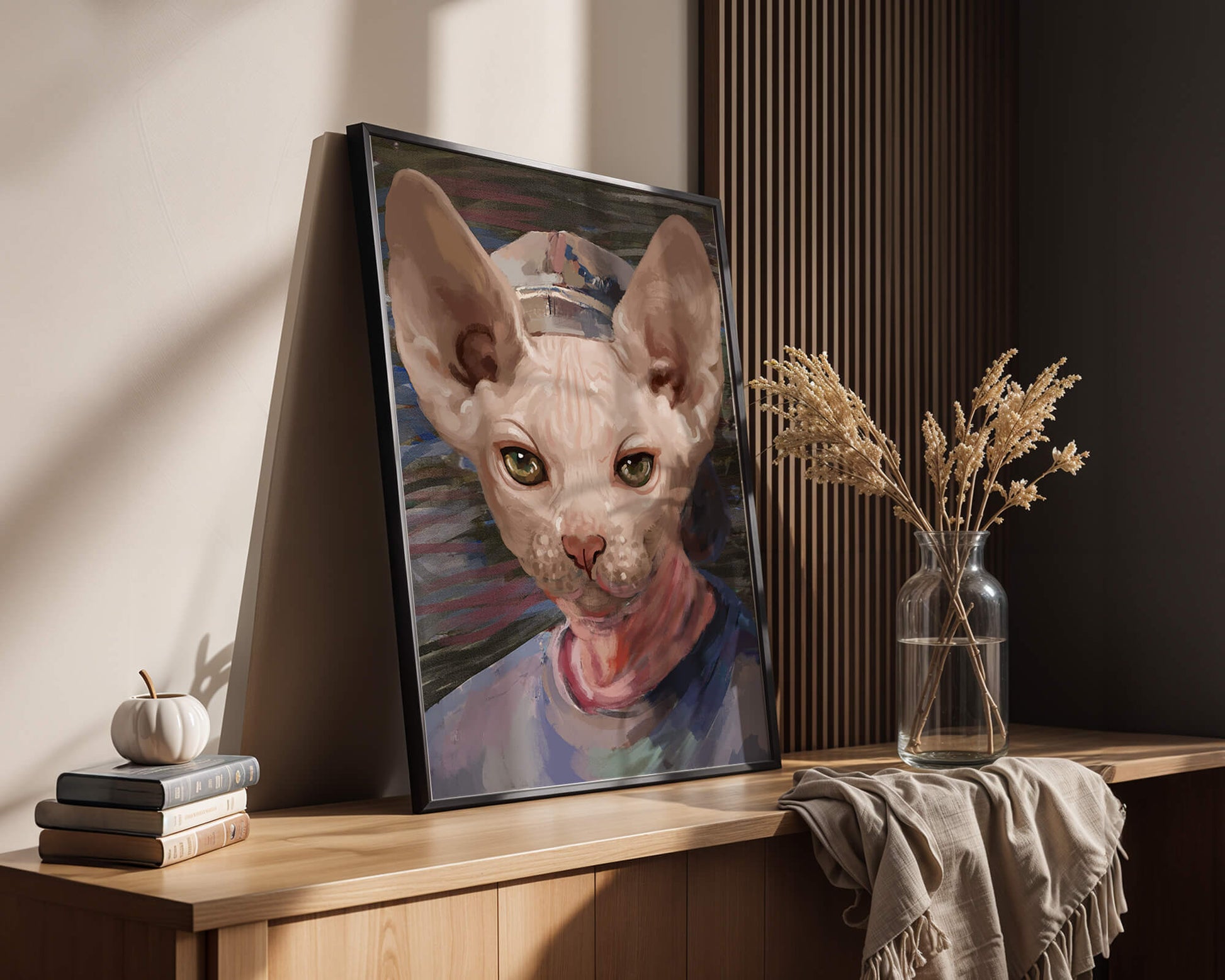 Painted portrait of a sphynx cat wearing a casual cap