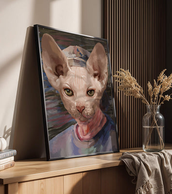 Painted portrait of a sphynx cat wearing a casual cap