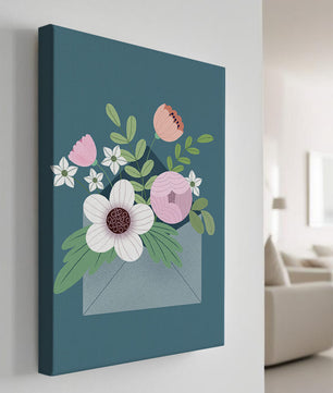 Bouquet floral illustré sortant d'une enveloppe sur un fond bleu sarcelle