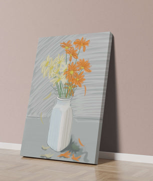 Vibrant daisies in a white vase illustration