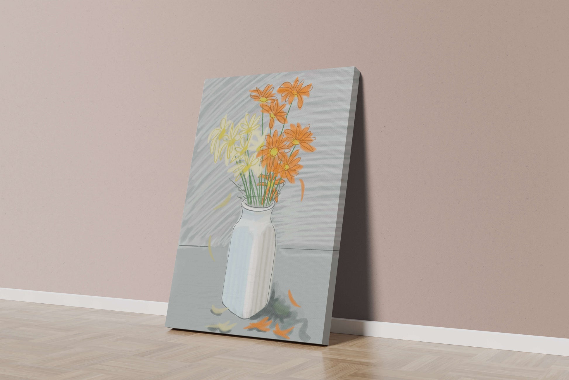 Vibrant daisies in a white vase illustration