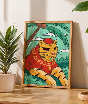 Stylish cartoon tiger lounging under a tropical palm tree with gold accessories