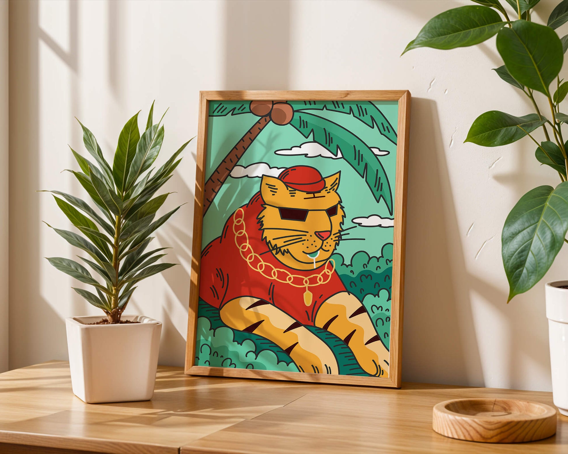 Stylish cartoon tiger lounging under a tropical palm tree with gold accessories