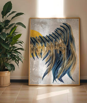 Abstract Composition with Blue and Gold Accents on Textured Background