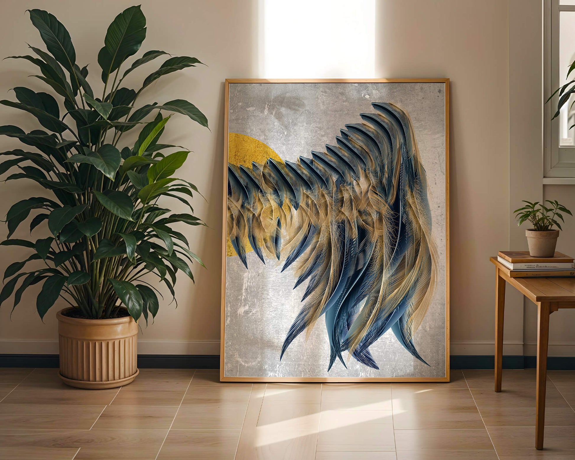 Composición abstracta con acentos azules y dorados sobre fondo texturizado