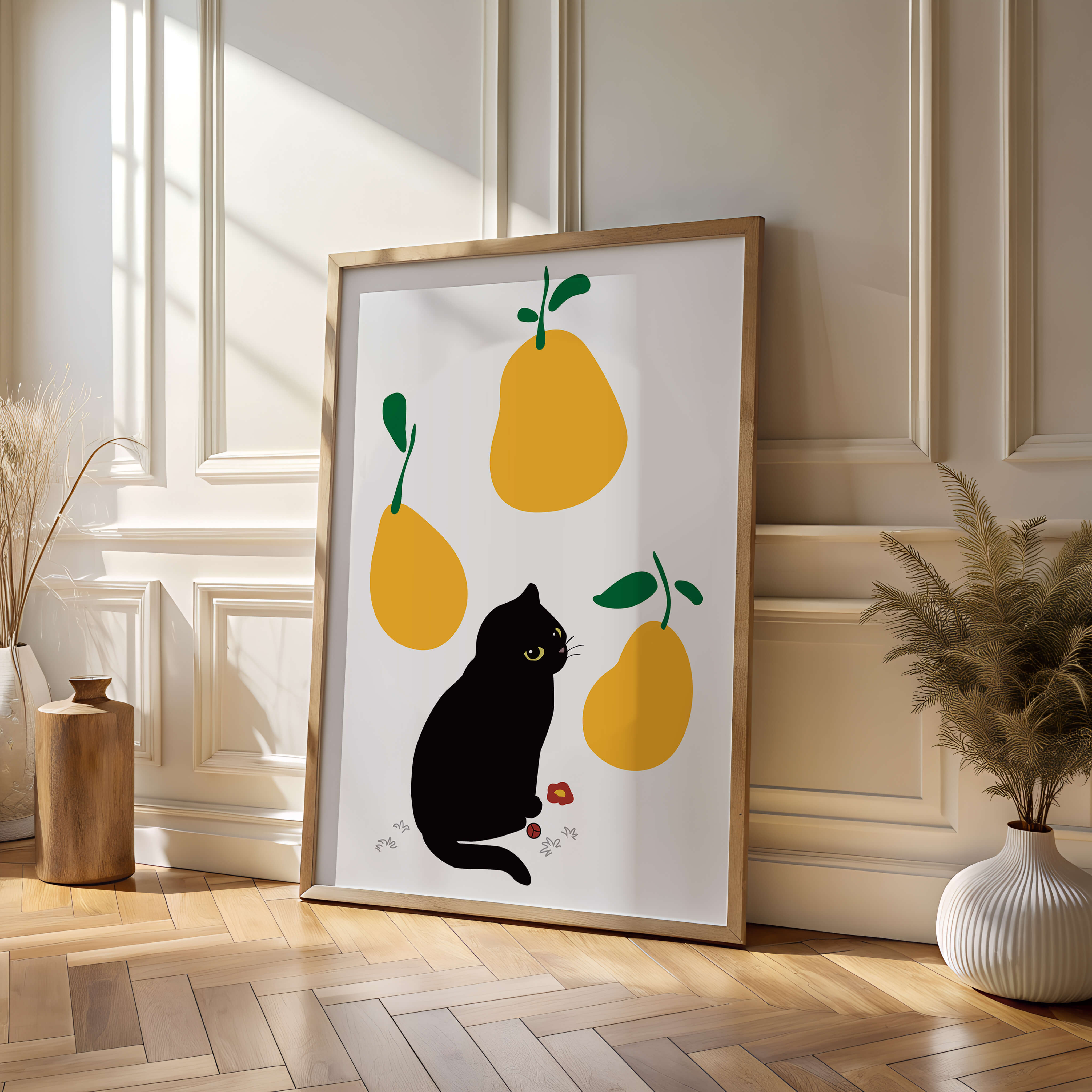Illustration of black cat with yellow pears and green leaves