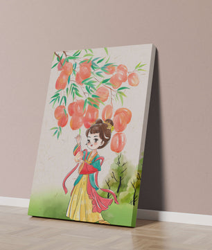 Escena encantadora de una niña con atuendo tradicional y melocotones