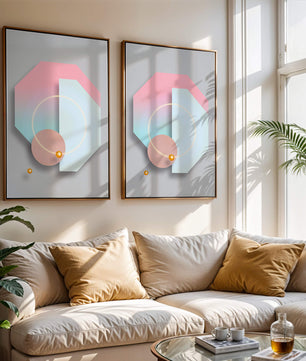 An abstract geometric art piece with pastel tones and golden accents