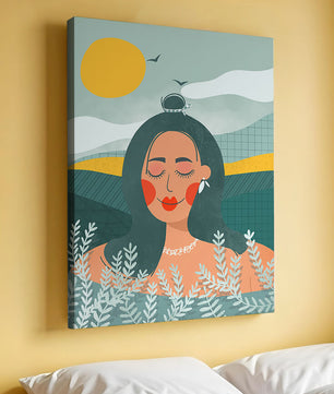 Portrait féminin abstrait et serein avec des éléments de nature
