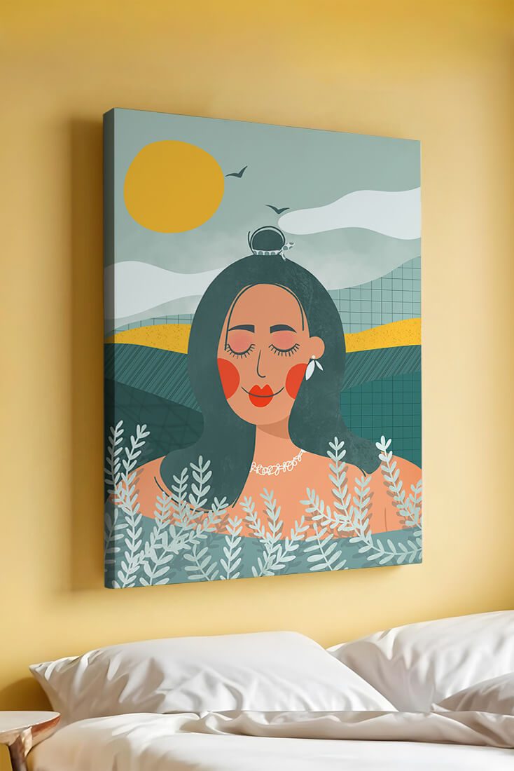 Portrait féminin abstrait et serein avec des éléments de nature
