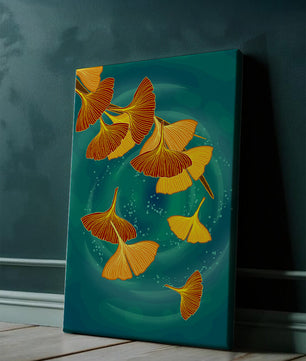 Blätter des Ginkgo-Stylings auf einem türkisfarbenen Hintergrund schweben