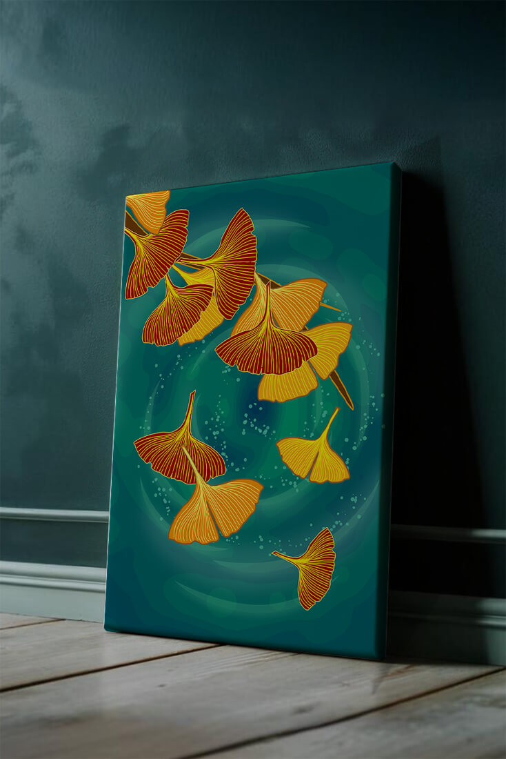 Stylized Ginkgo Leaves Floating on a Turquoise Background