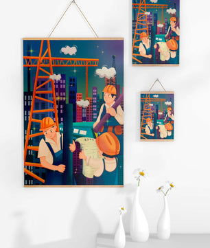 Illustrated construction workers on a high-rise building site