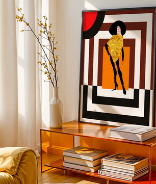 Ilustración de moda con figura en dorado y fondo geométrico