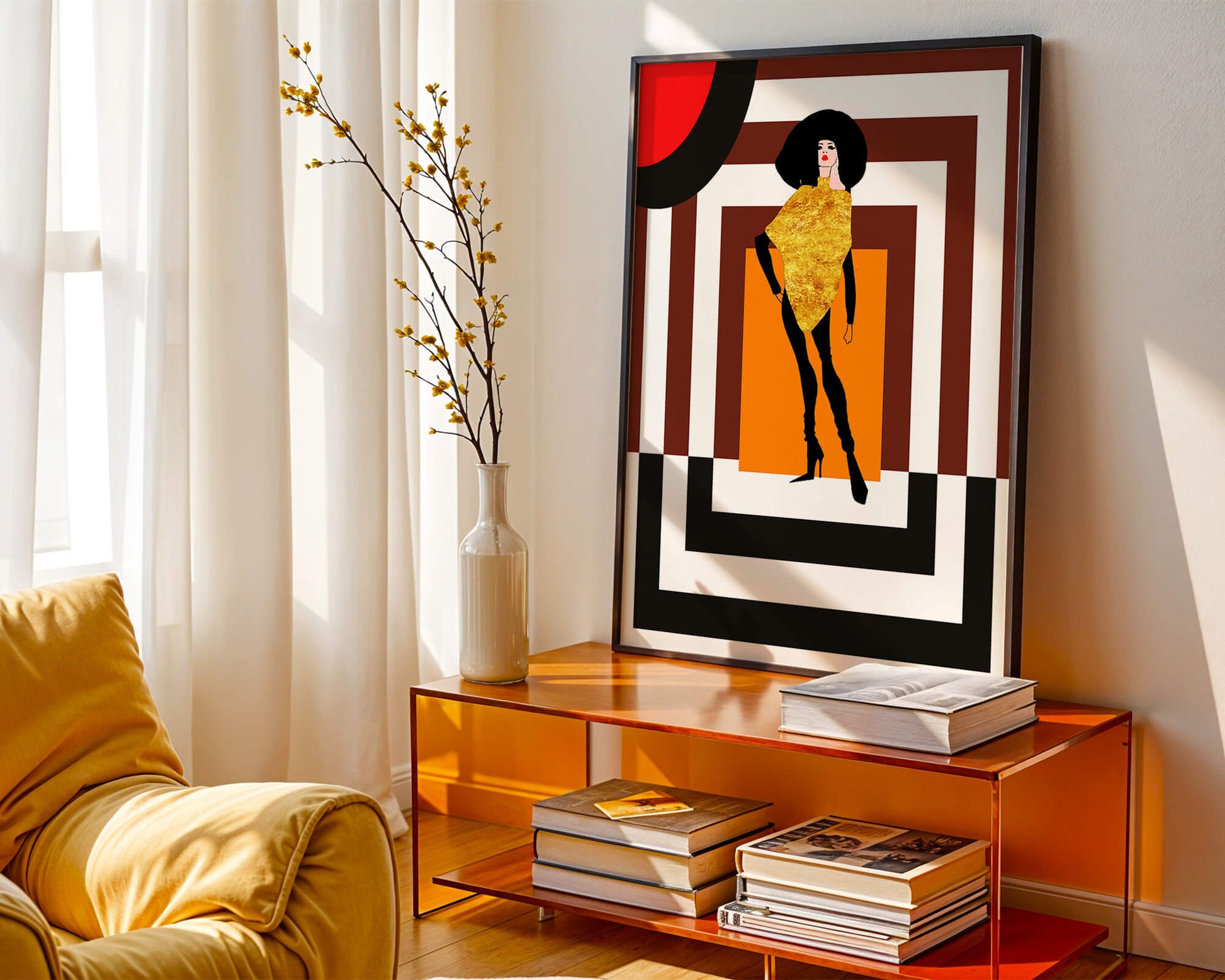 Fashion Illustration with Figure in Gold and Geometric Background