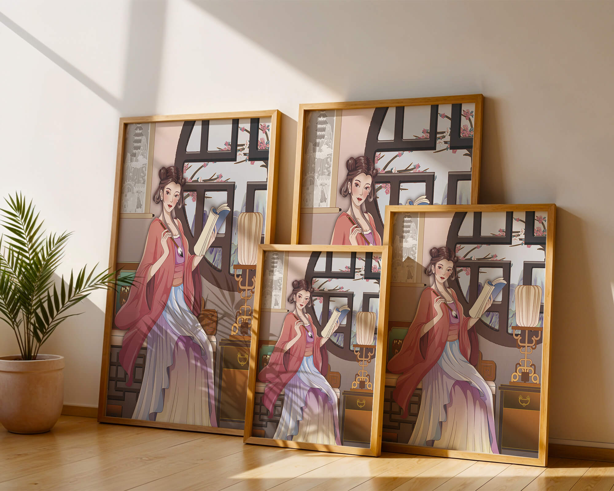 Illustrated scene of a woman in traditional attire reading by a window
