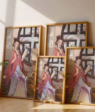 Illustrated scene of a woman in traditional attire reading by a window