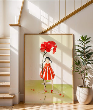Young girl holding large red flower standing in puddle illustration