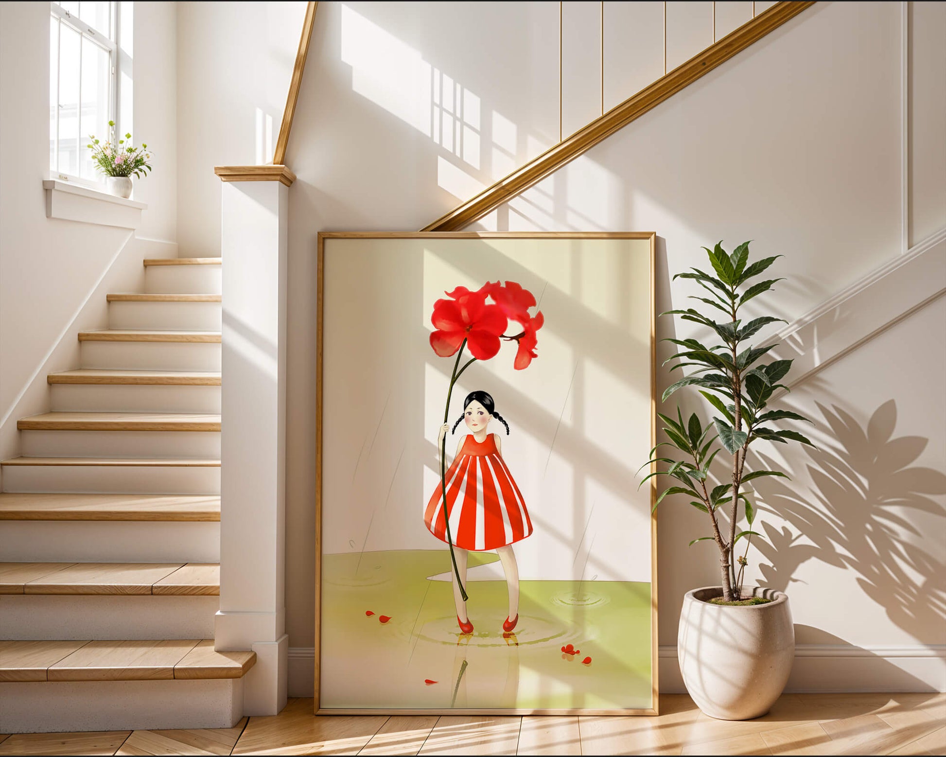 Young girl holding large red flower standing in puddle illustration