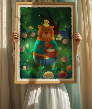 Charming bear in a colorful garden with flowers and fireflies