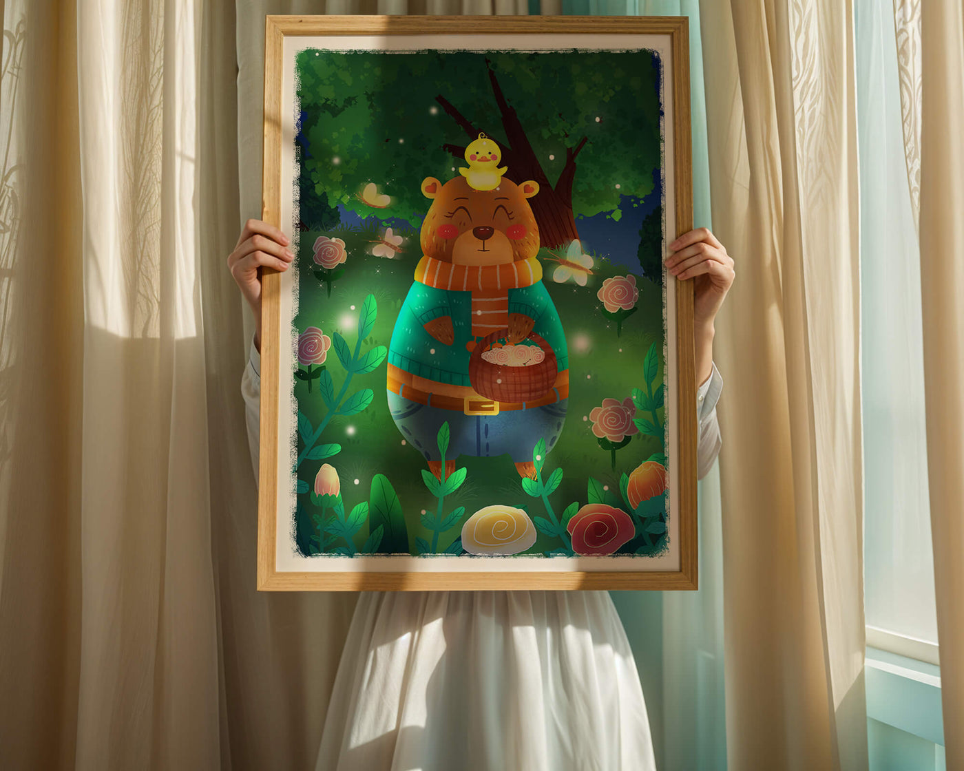 Charming bear in a colorful garden with flowers and fireflies