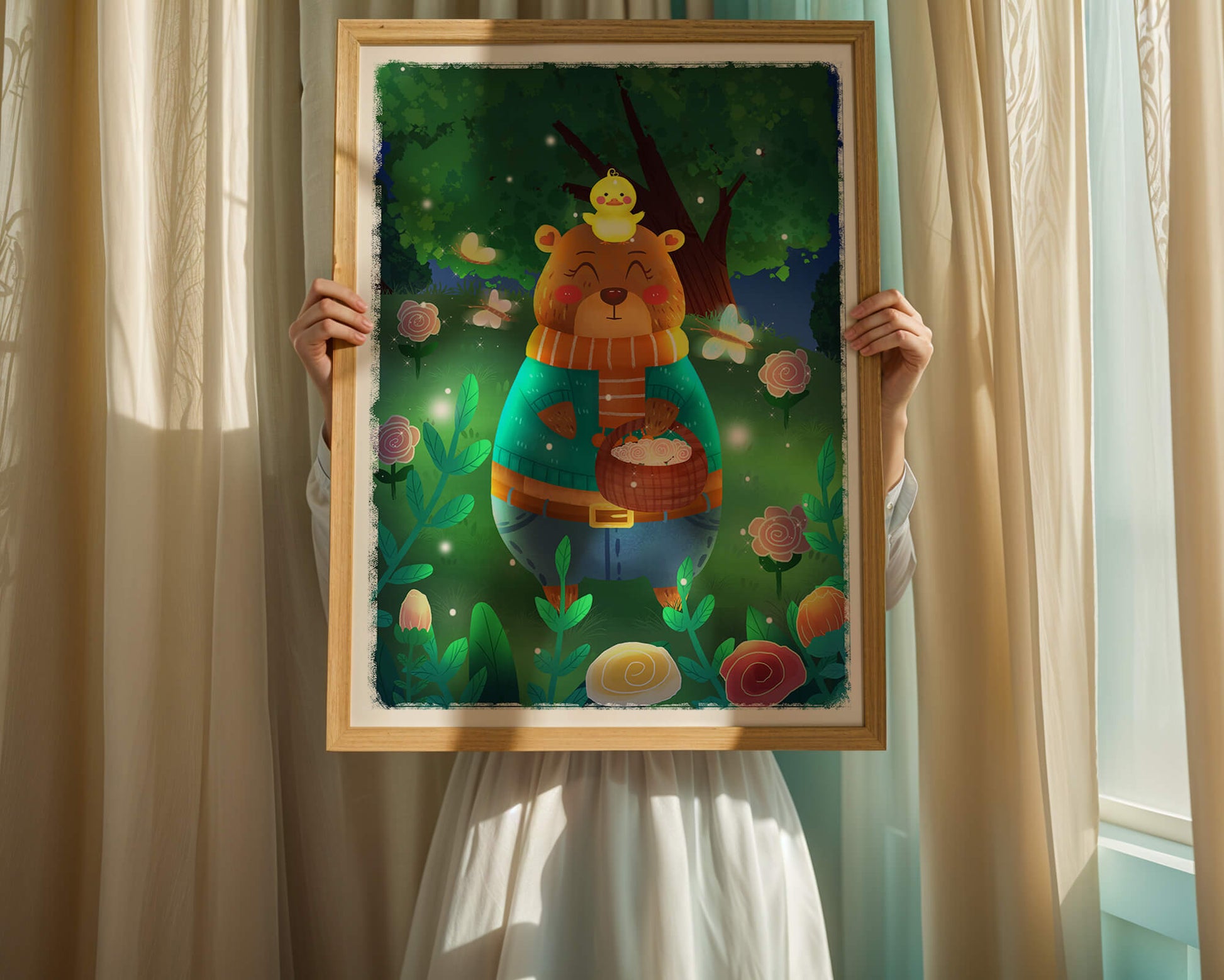 Charming bear in a colorful garden with flowers and fireflies