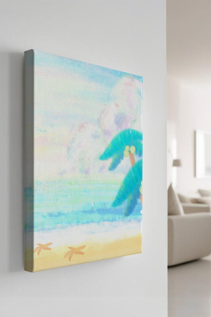 Serene tropical beach with palm trees and starfish