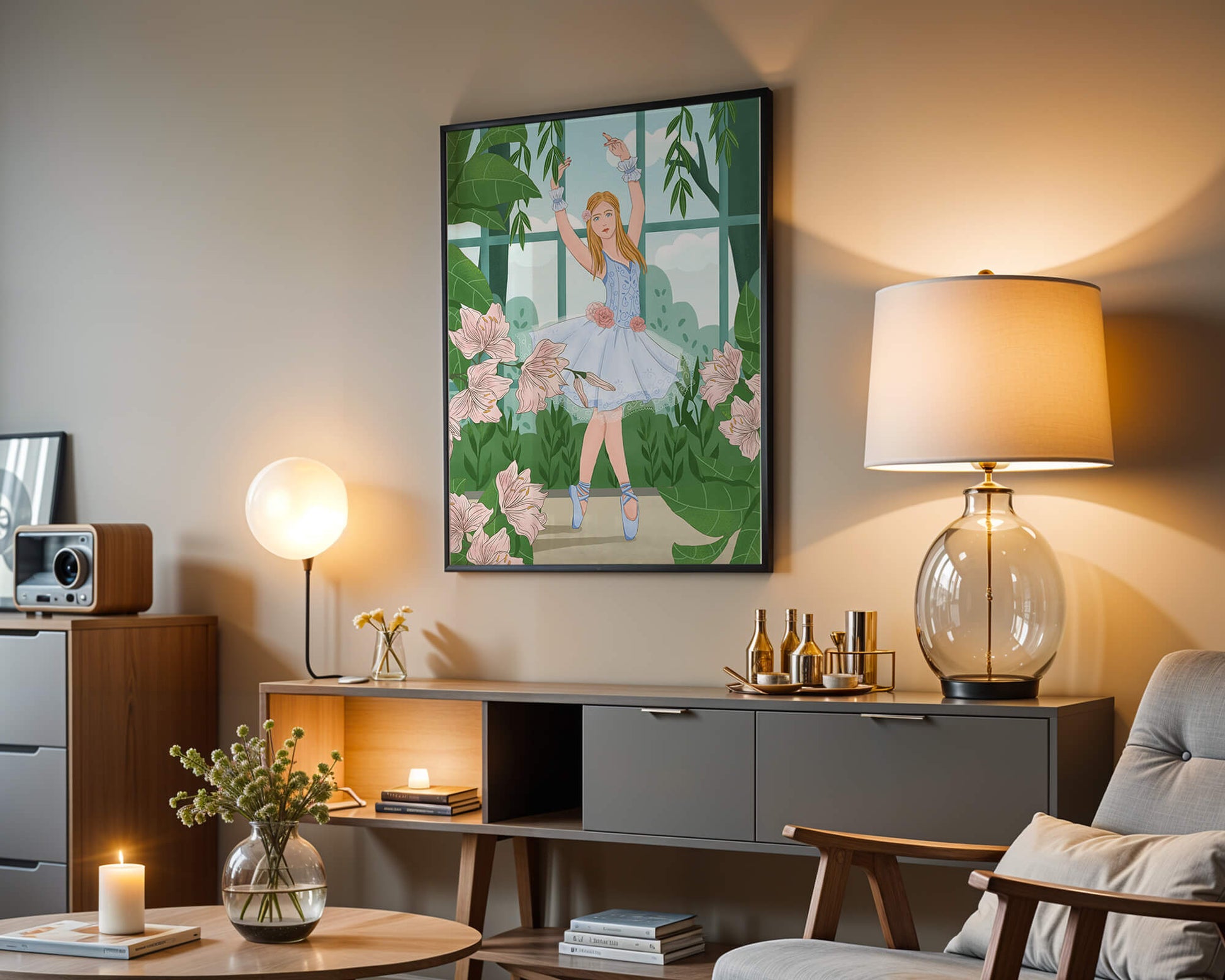 Elegant ballet dancer in a floral and botanical setting