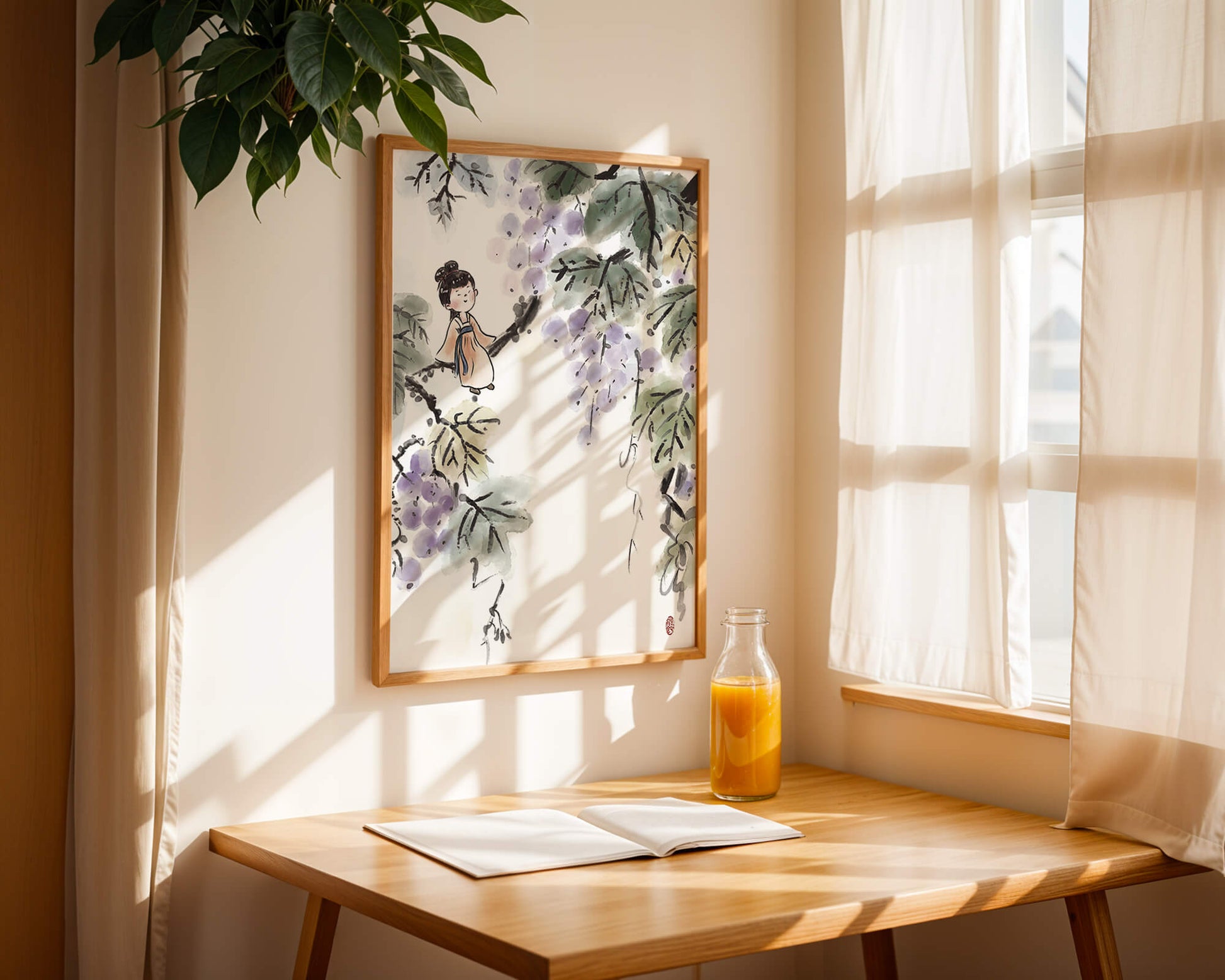 Una chica caprichosa sentada en una rama con bayas moradas y hojas verdes en estilo acuarela