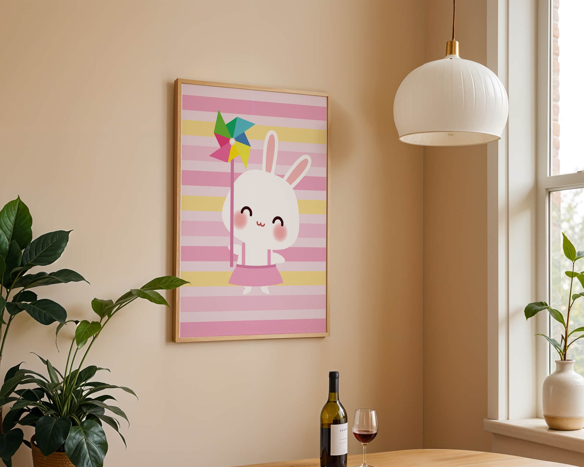 Adorable bunny with pinwheel on pastel striped backdrop