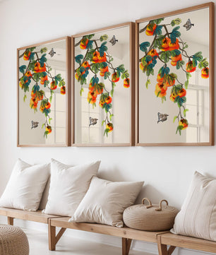 Branch with vibrant persimmons and birds illustration