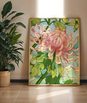 Belle illustration florale avec chrysanthème et feuilles vertes