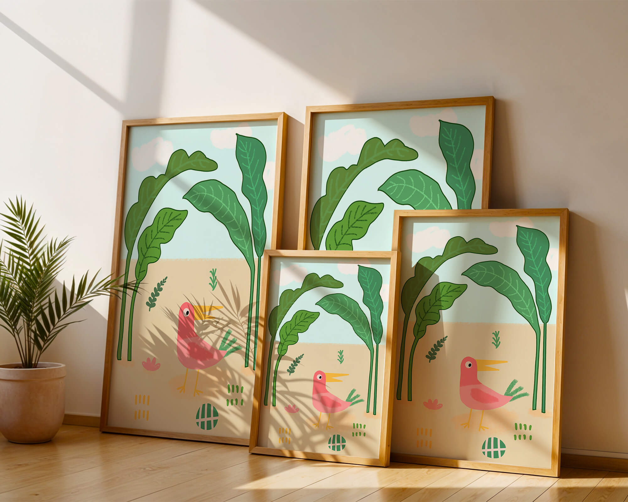 Colorful bird with large leaves and playful design