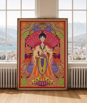 Ilustración oriental colorida con motivos de peces koi y loto