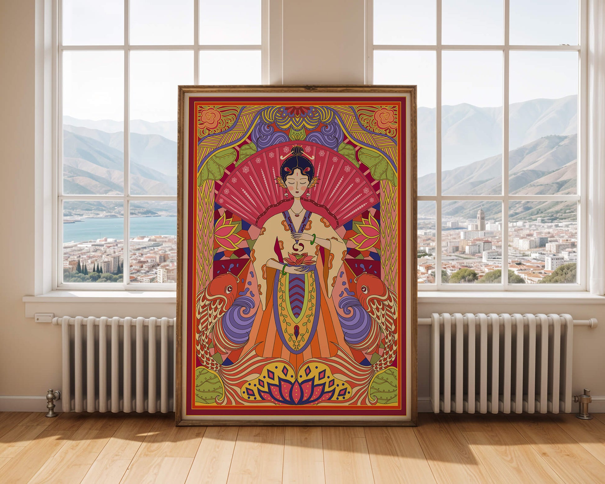 Ilustración oriental colorida con motivos de peces koi y loto