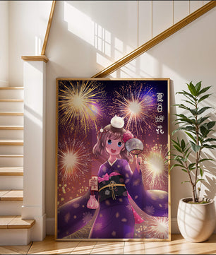 Girl in Yukata Celebrating Fireworks Festival with Cat and Fan