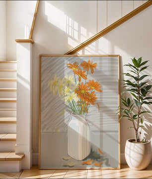 Vibrant daisies in a white vase illustration
